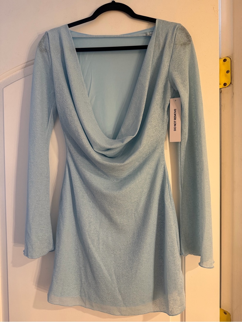 Light Blue Low Cowl Back Long-Sleeve Women's Cocktail Dress